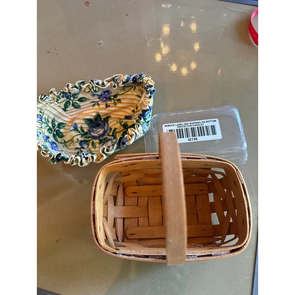Longaberger Parsley Basket with Plastic Protector and Blue Floral Fabric Liner